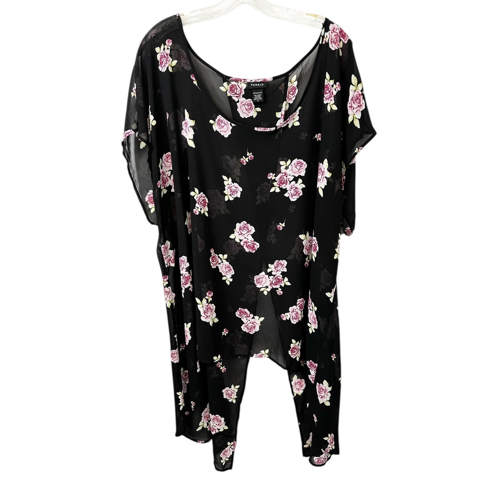Torrid Plus Size 4X Top Black Floral Semi Sheer Long Split Back Romantic‎ 358